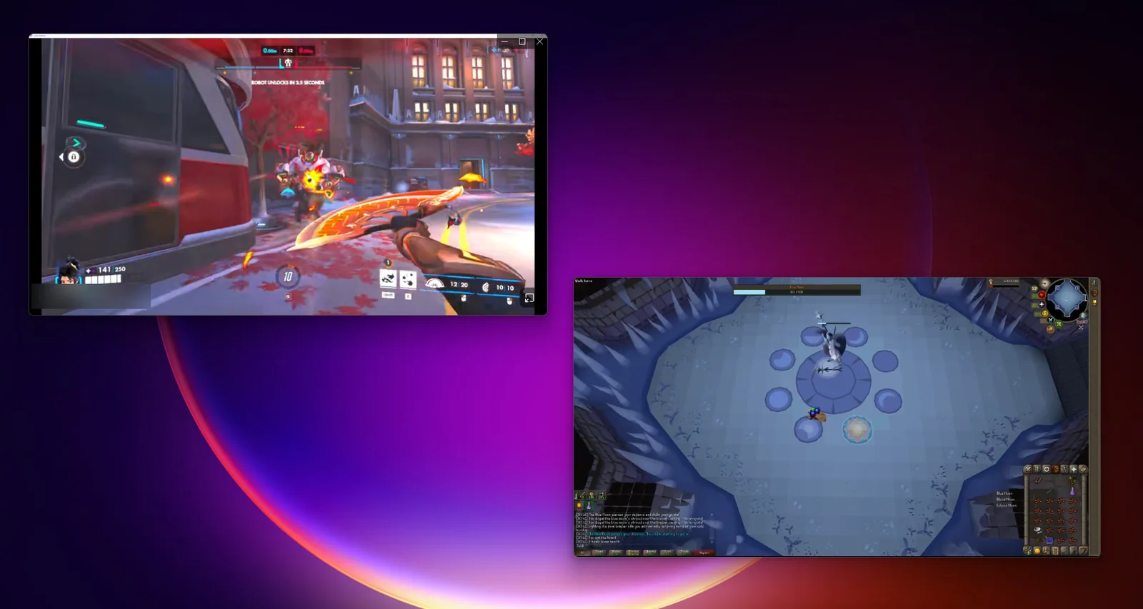 A Windows desktop with two Discord streams, each in a window of its own, one on the left and one on the right